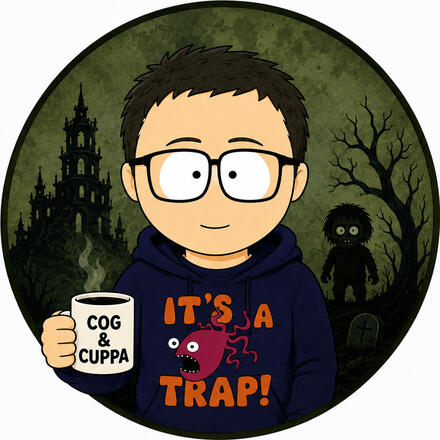 Illustration of Wayne Bolt in a navy It's A Trap! hoodie, holding a Cog & Cuppa mug, in a moonlit graveyard.